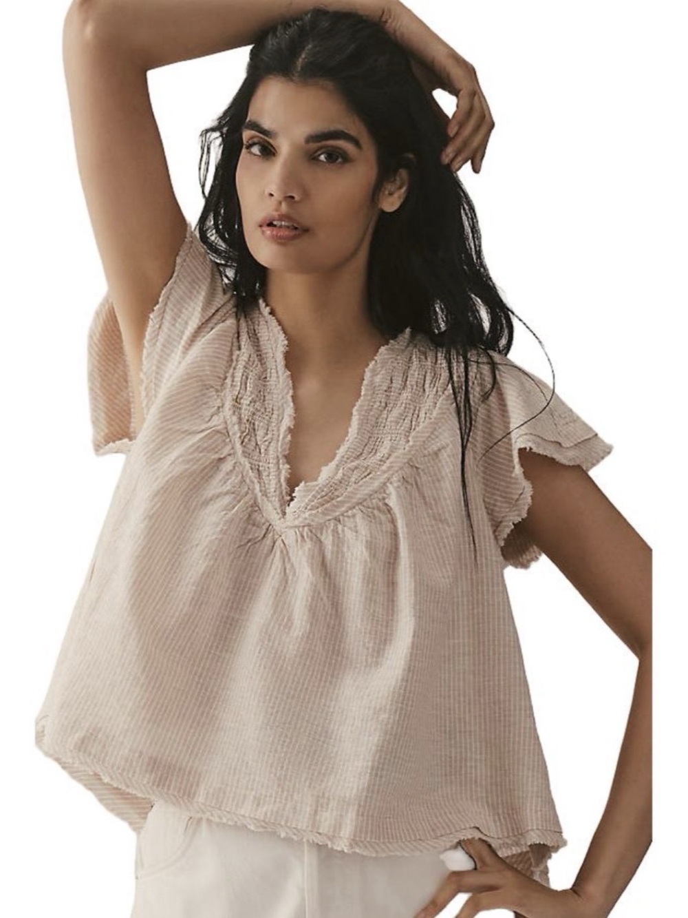 Anthropologie Short-Sleeve Smocked Linen-Blend Blouse Striped Blouse in Tan L